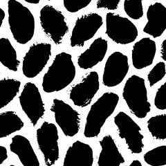 Geometric abstract seamless pattern with blots. Hand drawn black dots texture. Bold stains and irregular dots of different size texture. Modern seamless black and white ink stains pattern. 