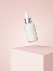 Cosmetic serum dropper bottle on podium with pastel pink background 3D render, care product packaging and branding