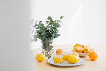 two glasses of orange juice, fresh oranges and lemons and eucalyptus branches in glass vase on wooden table in white kitchen © archikatia