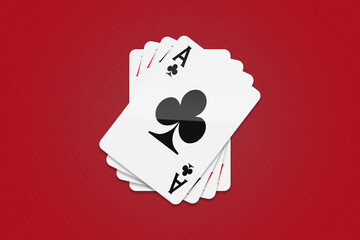 Simple stack of four aces cards on the red background