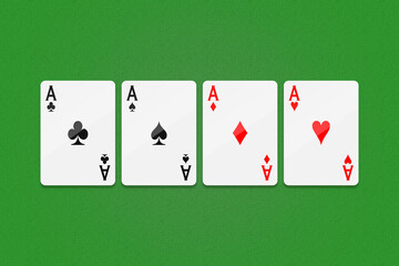 Four aces cards in series on the green background