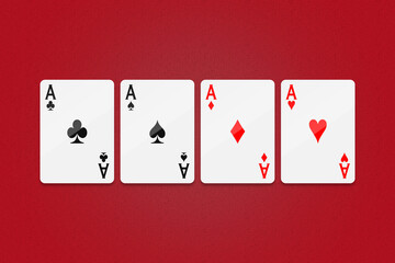 Four aces cards in series on the red background