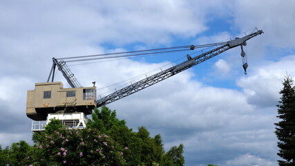 The Dravo Shipyard Crane, a remnant of the former shipyard along the Christiana River in Wilmington, Delaware, that built ships for the Navy in World War II. The shipyard long ago went out of business