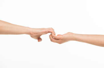 hands hold each other cling stop each other on a white background isolated