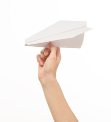 hand holding a paper airplane on a white background isolated