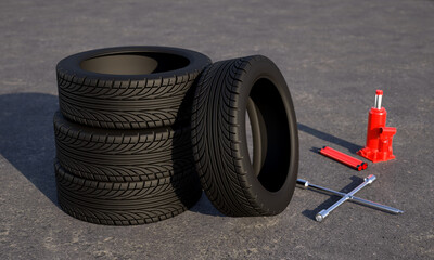 Set of car tires with wrench and hydraulic jack on asphalt. Tire fitting concept. 3D rendering