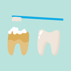 cartoon tooth with soft foam bubbles. Stomatology, dental concept. Flat style cartoon character illustration. Dental kids care banner. Care your teeth