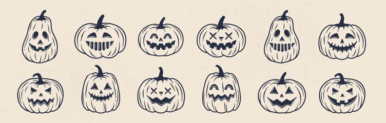 Foto op Plexiglas 12 Halloween pumpkin icons set. Vintage funny pumpkins isolated on white background. Monsters faces. Design elements for logo, badges, banners, labels, posters. Vector illustration © Denys Holovatiuk