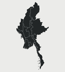 Myanmar map with regions isolated on white background. Map of Myanmar. Vector illustration