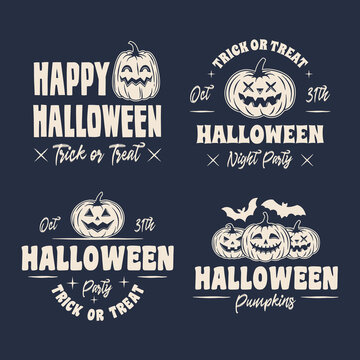 Halloween pumpkins logo set. 4 Pumpkins lanterns related labels, badges, emblems. Halloween emblem, poster templates. Vector illustration