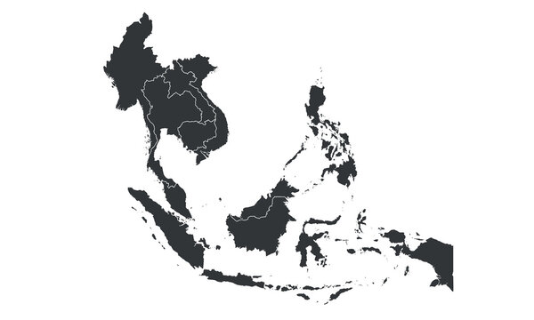 South East Asia map with regions, countries. Indonesia, Vietnam, Thailand, Philippines, Malaysia maps.  Outline South East Asia map isolated on white background. Vector illustration