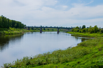 Obraz premium Western Dvina river in the city of Polotsk. Belarus. Beautiful summer landscape.