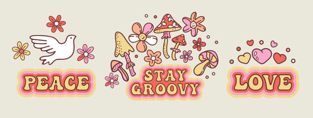 Peaсe, stay groovy, love. Vector vintage flat illustration set