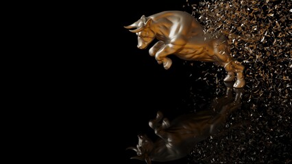 Bronze bull with brown particles in dramatic contrasting light representing financial market trends under yellow-orange background. Concept 3D CG of stock market.