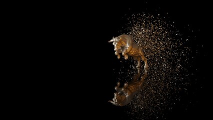 Bronze bull with brown particles in dramatic contrasting light representing financial market trends under yellow-orange background. Concept 3D CG of stock market.