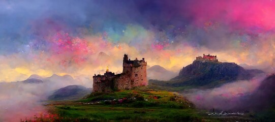 Fototapeta premium Explore imaginative Scottish castles and ruins in dreamy surrealism, scenic background mountain landscapes in cloudy emotive fog. Enchanted lands and fantasy colors - digital paint stylization series.