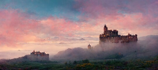 Explore imaginative Scottish castles and ruins in dreamy surrealism, scenic background mountain landscapes in cloudy emotive fog. Enchanted lands and fantasy colors - digital paint stylization series. - obrazy, fototapety, plakaty