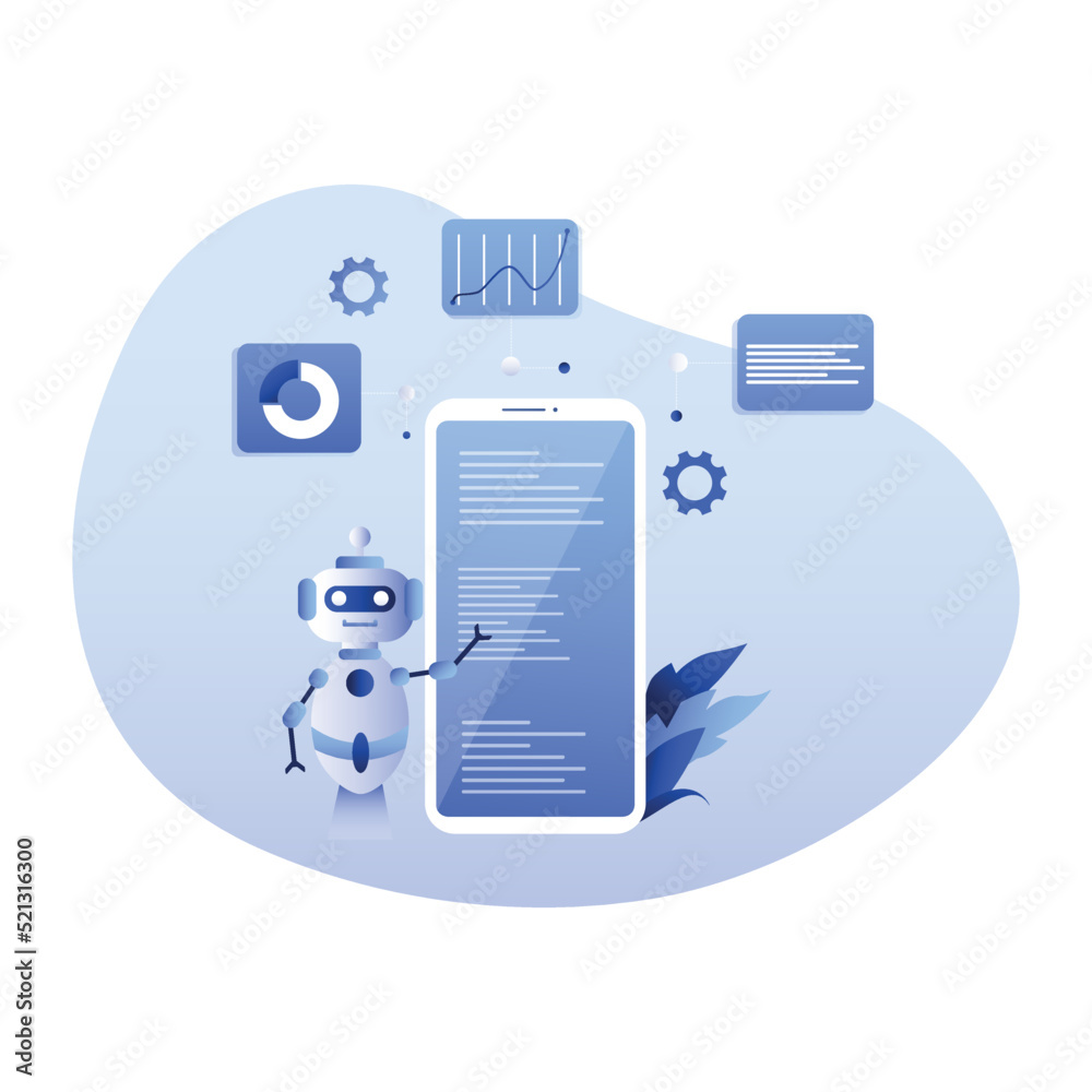 Wall mural Mobile chatbot. Artificial intelligence chat assistant bot in smartphone app and educational robot. Future telephone conversation bots, human and clever robots dialog vector illustration. - Wall murals