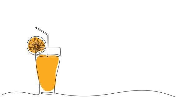 Continuous line drawing of long drink of lemon vodka in front of white background.
Orange juice in a glass with lemon wedges on the glass. Glass of orange drink and lemon slices in doodle style