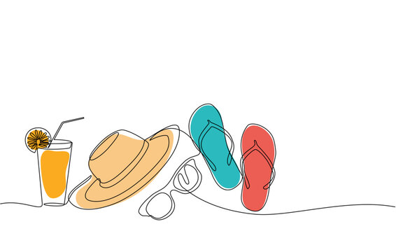 Continuous line drawing of summer vacation concept, sandy beach, beach bag, straw hat, orange drink, sunglasses and flip flops on tropical beach in single line doodle style. Editable strokes.