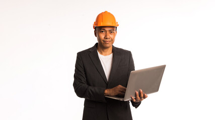 Person Engineer holding laptop, Professional industry work, helmet safety, job construction, management foreman , technology, Banner, Copy space, Isolate background.