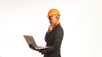 Person Engineer holding laptop, Professional industry work, helmet safety, job construction, management foreman , technology, Banner, Copy space, Isolate background.