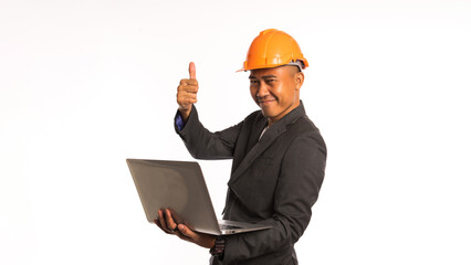 Person Engineer holding laptop, Professional industry work, helmet safety, job construction, management foreman , technology, Banner, Copy space, Isolate background.
