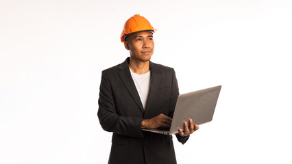 Person Engineer holding laptop, Professional industry work, helmet safety, job construction, management foreman , technology, Banner, Copy space, Isolate background.