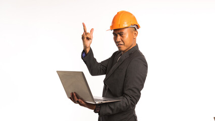 Person Engineer holding laptop, Professional industry work, helmet safety, job construction, management foreman , technology, Banner, Copy space, Isolate background.