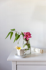 Plumberia rumba in a coffe cup, eucalyptus branch in a vase and cup of coffee on a white table against a wall with two frames. Ready layout. Vertical frame. Space for text