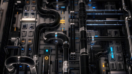Camera moving over the maze of clean pipes tangled together, seamless loop. Animation. Technological background with tubes and glowing narrow lamps.