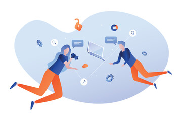 Landing page template with man and woman holding bullhorn. Digital marketing, SMM, website content promotion on Internet and social media. Creative flat vector illustration for service advertisement.