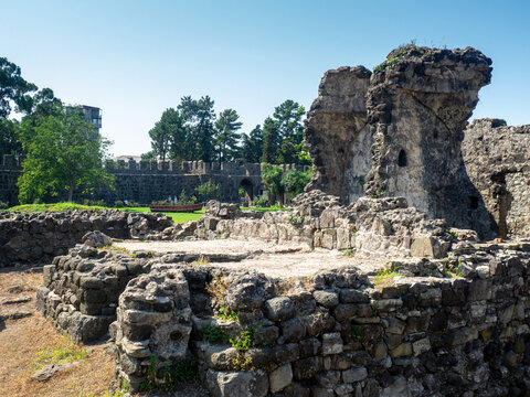 Ruin of an old castle. Remains of civilization. Fortress in Georgia. Old stones. The city of ancient stone masonry.