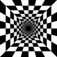 Perspective of black and white squares, the illusion of a tunnel. Abstract perspective geometric chess background vector. Perspective Geometric Art.