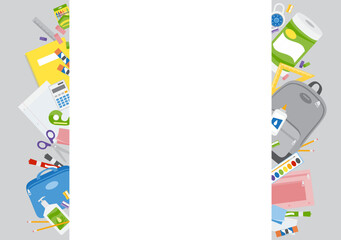 Fototapeta premium A set of school supplies in a row, back to school and office items behind white copy space 