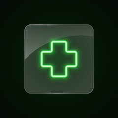 Obraz premium Pharmacy neon glass icon. Green neon sign on dark background. Best for polygraphy, mobile apps and web design.