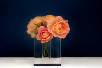peach and pink roses in clear square vase against navy blue background
