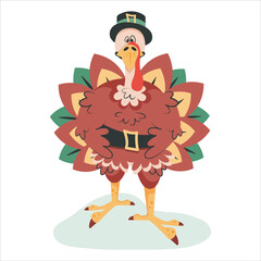 Thanksgiving turkey isolated on white background. Cute happy turkey congratulates with thanksgiving day.  Funny cartoon character in black hat as a national traditional element. Vector illustration