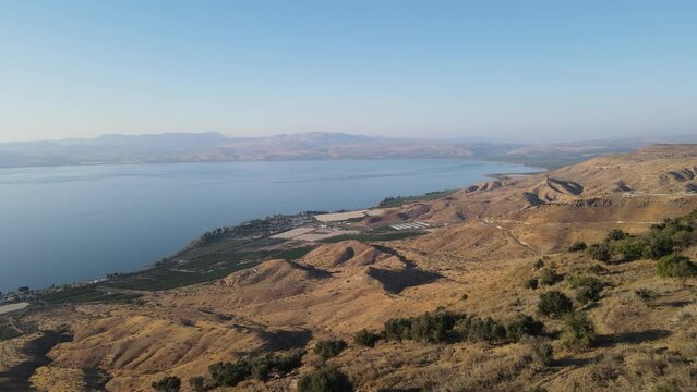 Scenic aerial view of the Sea of Galilee on a sunny day
