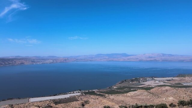 Scenic aerial view of the Sea of Galilee on a sunny day