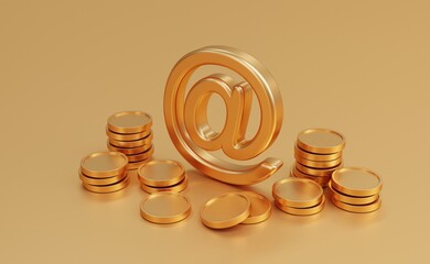 Stack of golden coins on golden background with earning profit concept. Gold coins or currency of business. 3D rendering.