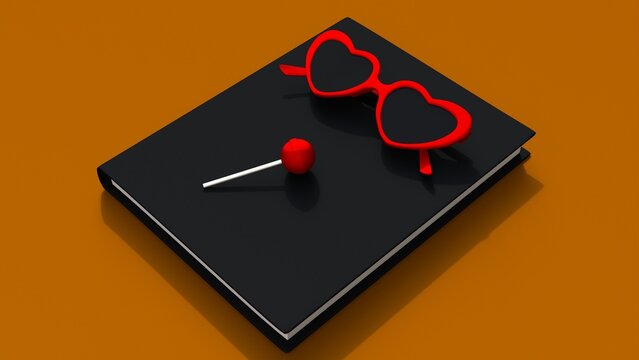 3D rendering illustration of heart shaped sunglasses and lollipop on a closed book