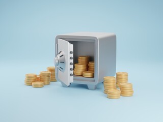 Vault or Safe box with coin stacks, bunch of money, money-saving, and stored money concept. 3d render illustration