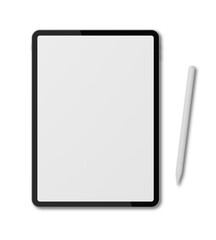 3D illustration Top view mock up digital tablet with white screen and stylus pen on white background