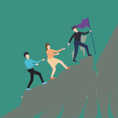 Vector illustration background of male and female team member stick together follow their leader who holds flag to reach the top of the hill. Teamwork concept Graphic design vector illustration