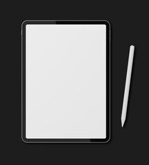 3D illustration Top view mock up digital tablet with white screen and stylus pen on black background