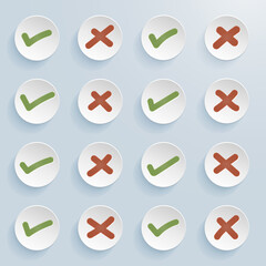 Set of flat round check mark, exclamation point, X mark icons, buttons isolated on a white background. EPS10 vector file