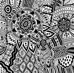 Trippy psychedelic pattern with surreal doodle floral motifs. Mandala, leaves, flowers and lines. Tangle ornament, zen art. Zendoodle background. Black and white art