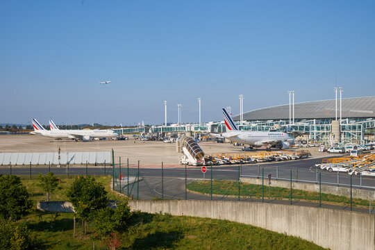 PARIS, FRANCE - CIRCA SEPTEMBER, 2014: Air France passenger aircrafts on the tarmac in Charles de Gaulle Airport. The airport is the largest international airport in France.