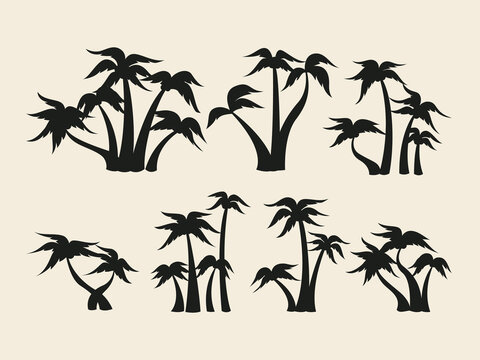 set collection group of coconut palm trees vector silhouette in cartoon style illustration